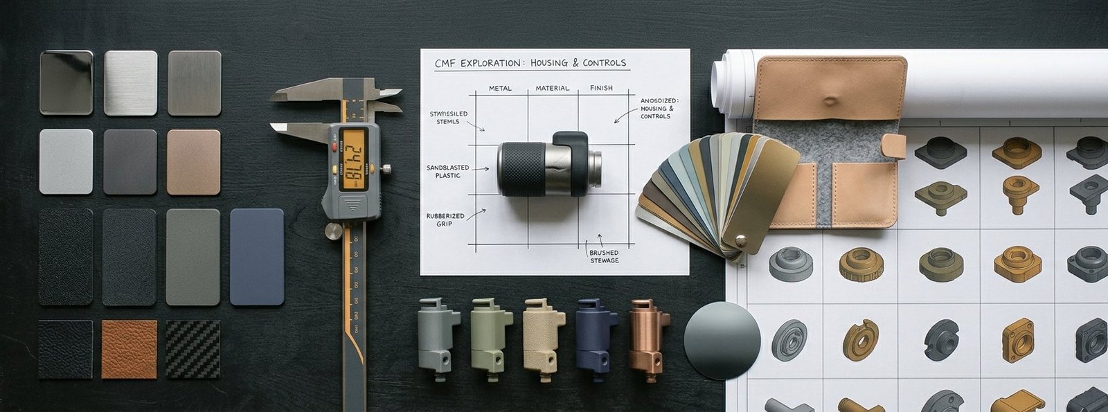 Material finish swatches, calipers, and a colour, material and finish exploration sheet for a product's housing and controls