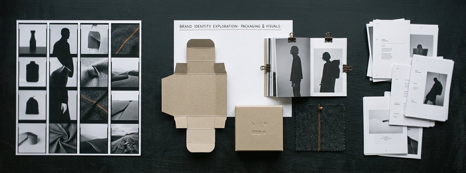 Contact sheets, a packaging structure mockup, and a lookbook spread on a creative direction moodboard