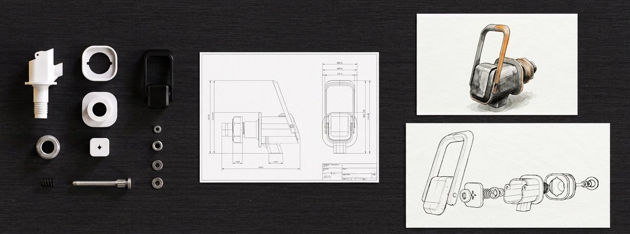 Injection-molded parts, a technical drawing with tolerance callouts, and precision calipers on a design-for-manufacturing worktable