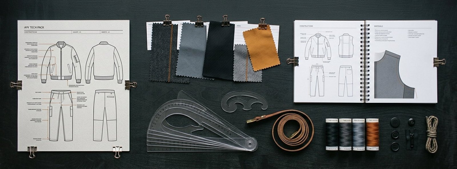Garment tech pack sketches, fabric swatches, pattern tools and trims on a fashion design worktable