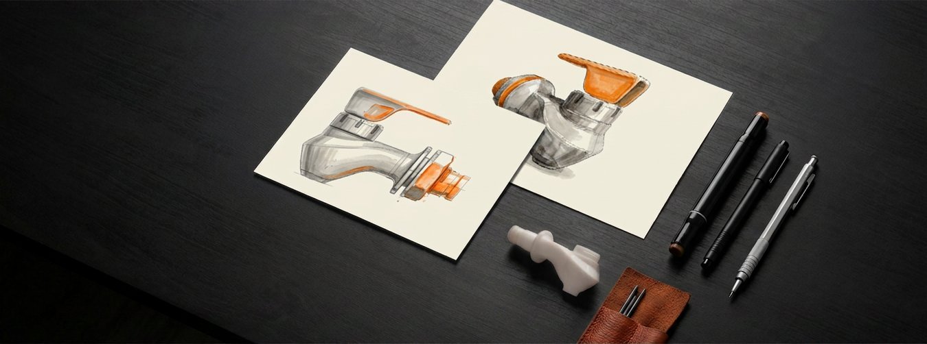 Hand-drawn concept sketches, a 3D-printed prototype and design pens on an industrial design worktable