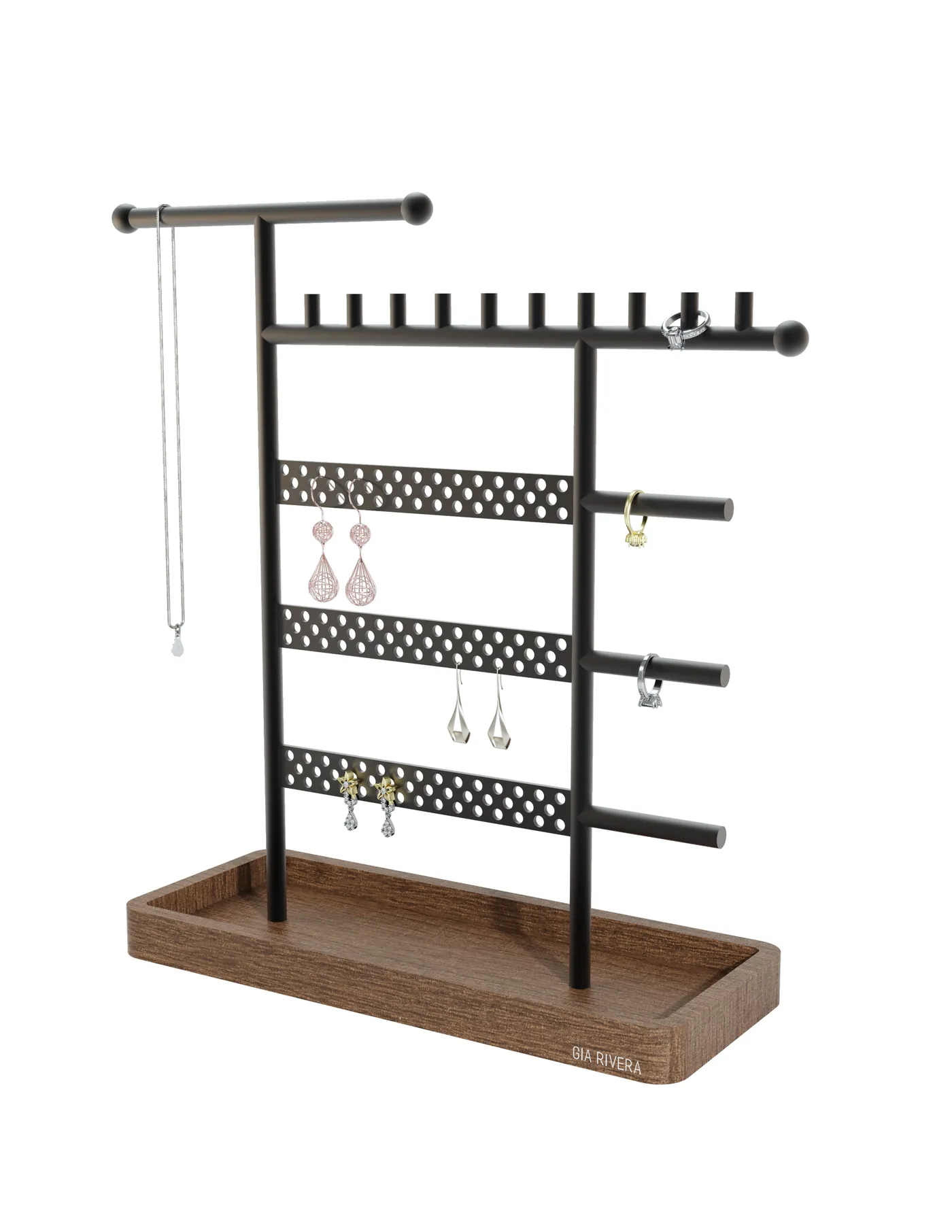 Matte black steel Gia Rivera jewellery stand on a white studio background, with a T-bar top, perforated earring rails and a walnut-toned tray holding a scent bottle.