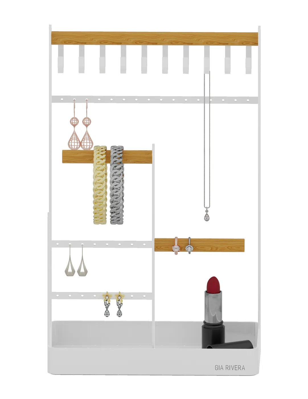 Front-on view of the oak and white lacquer Gia Rivera jewellery stand, showing its hook rail, ring bar, perforated earring strip and base tray.