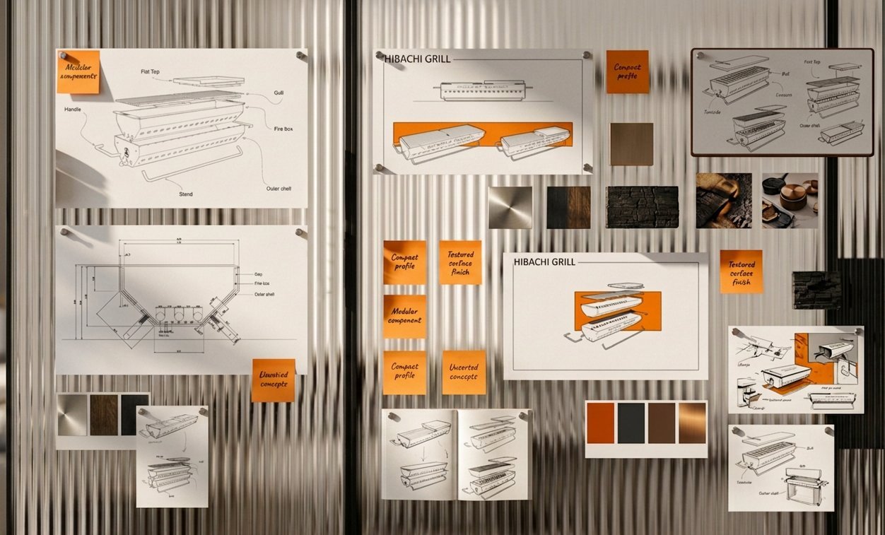 Hickory Summit hibachi grill concept development moodboard: sketches, exploded views, material swatches