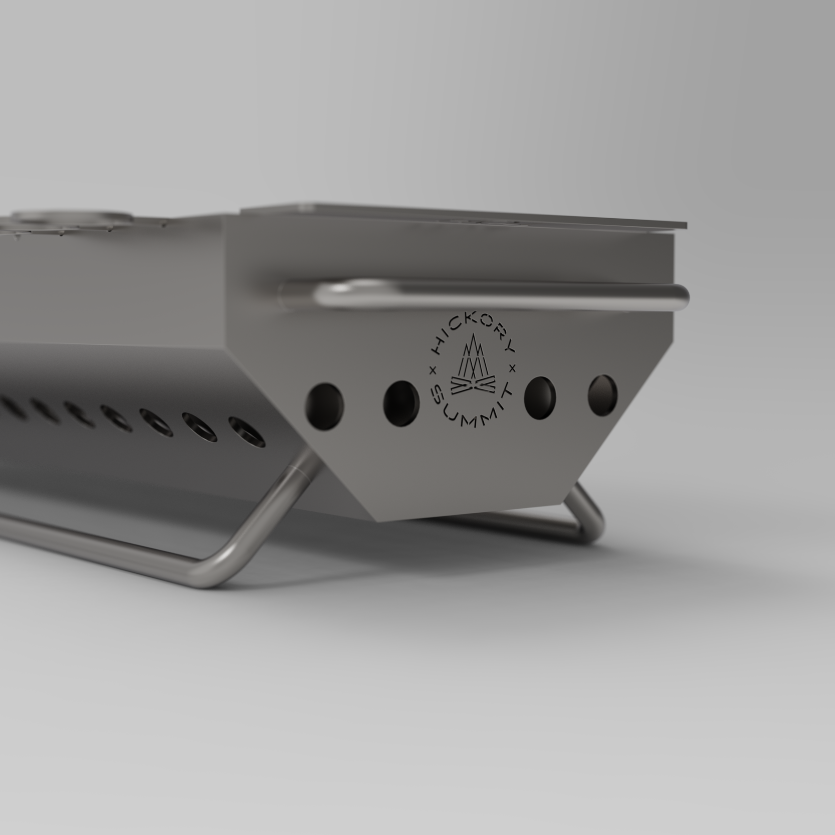 Close-up CAD render of the Hickory Summit grill's branded end panel, showing the folding leg, carry handle and the etched Hickory Summit mountain-and-firepit mark