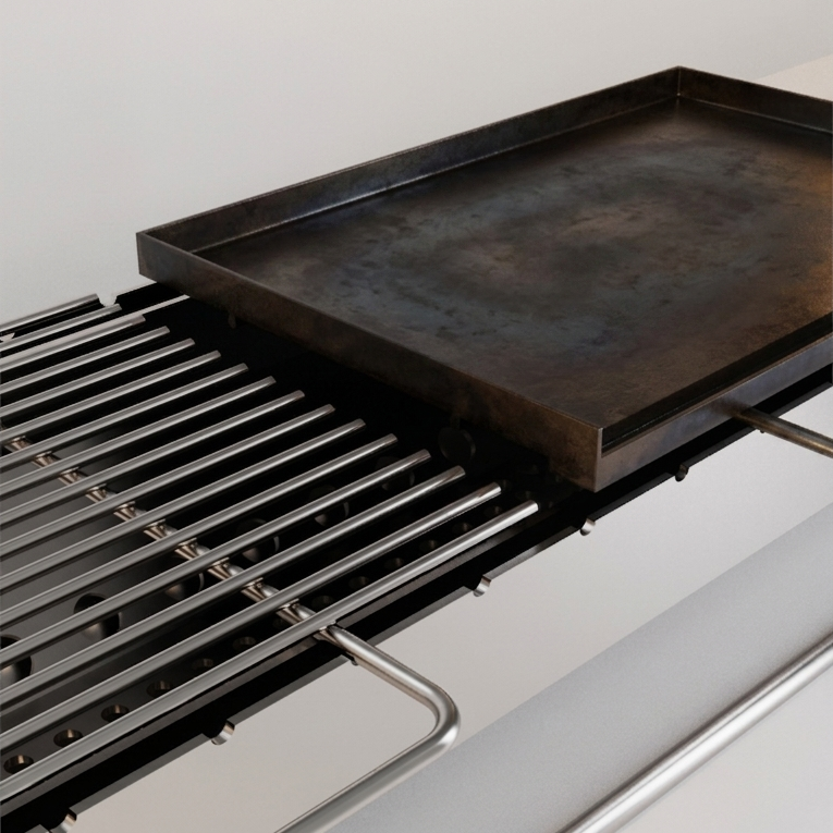 Close-up CAD render of the seasoned raw steel flattop resting over the brushed stainless grill grate, showing the dark patina and warm sheen of the flattop against the bright, cool-toned stainless