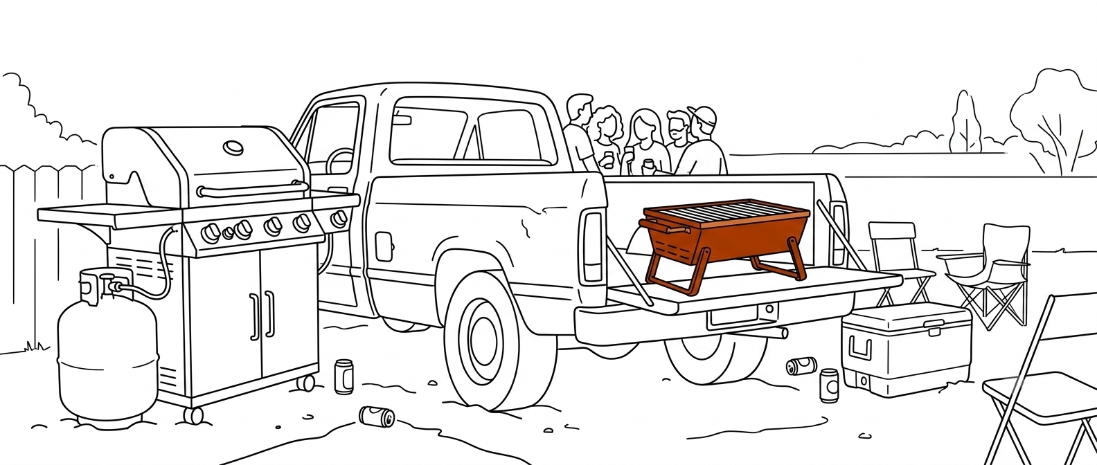 Line-art illustration of a tailgate scene: an oversized propane grill barely fitting beside a pickup truck, with the compact Hickory Summit grill on the tailgate rendered in warm colour