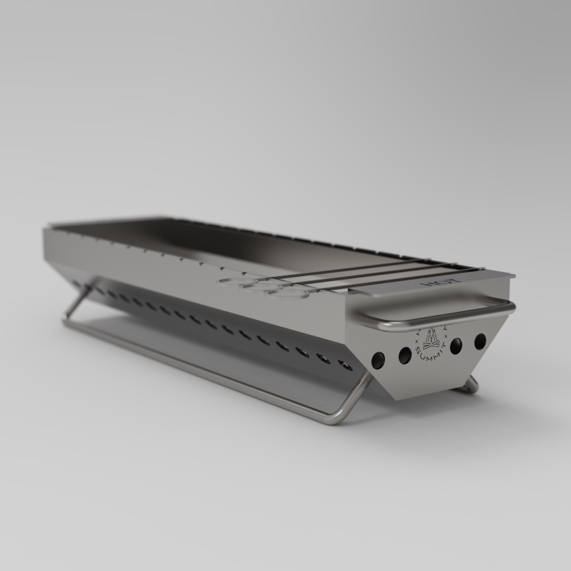 Full three-quarter CAD render of the assembled Hickory Summit grill on a neutral studio background, showing the perforated firebox, folding legs, carry handle and the etched Hickory Summit mountain-and-firepit mark