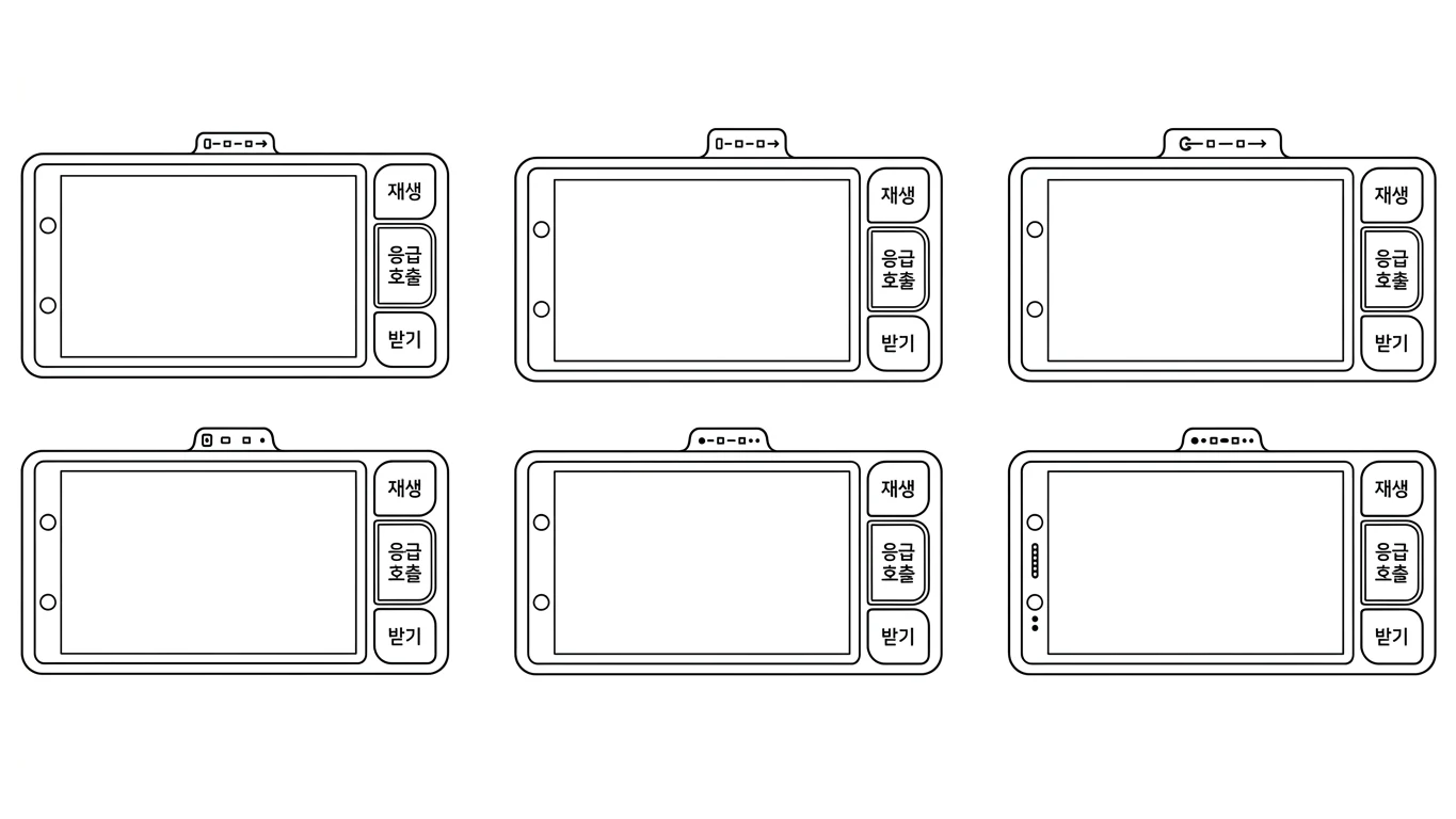 Six line-drawing layout variations of the Kira hub's top edge (camera/sensor placement), exploring options while keeping the Play, Emergency Call and Answer button column fixed