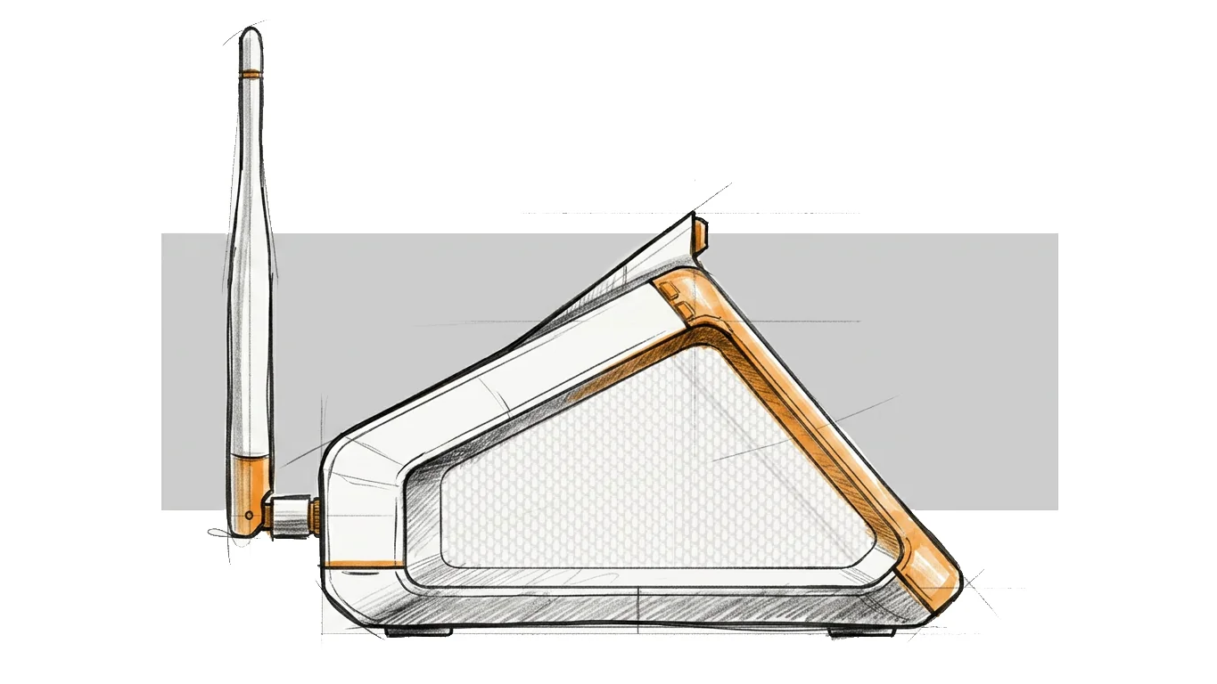 Hand-rendered side-profile concept sketch of the Kira hub with the antenna and speaker-grille trim highlighted in orange marker