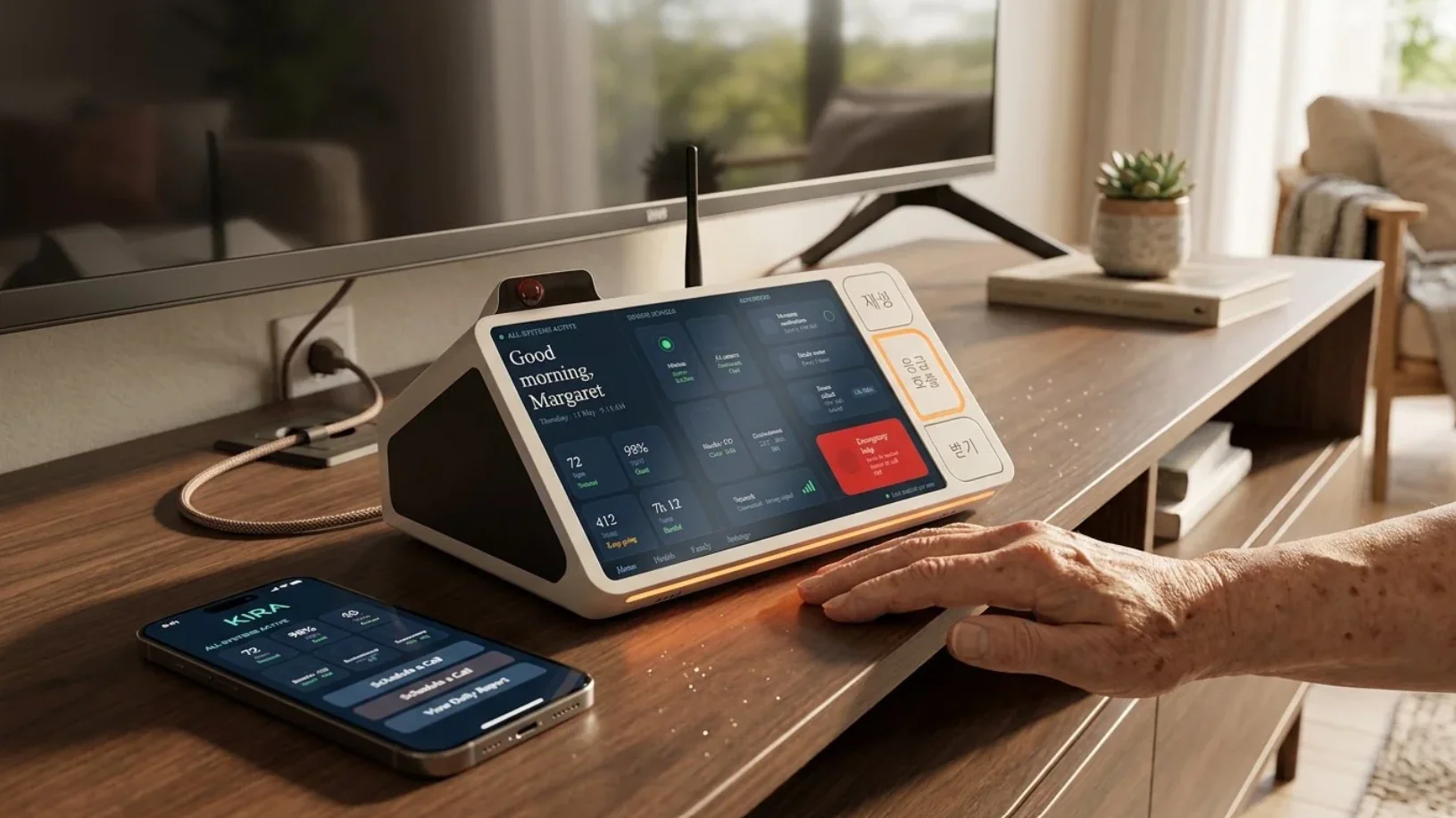 Kira connected elder care hub glowing on a living room console