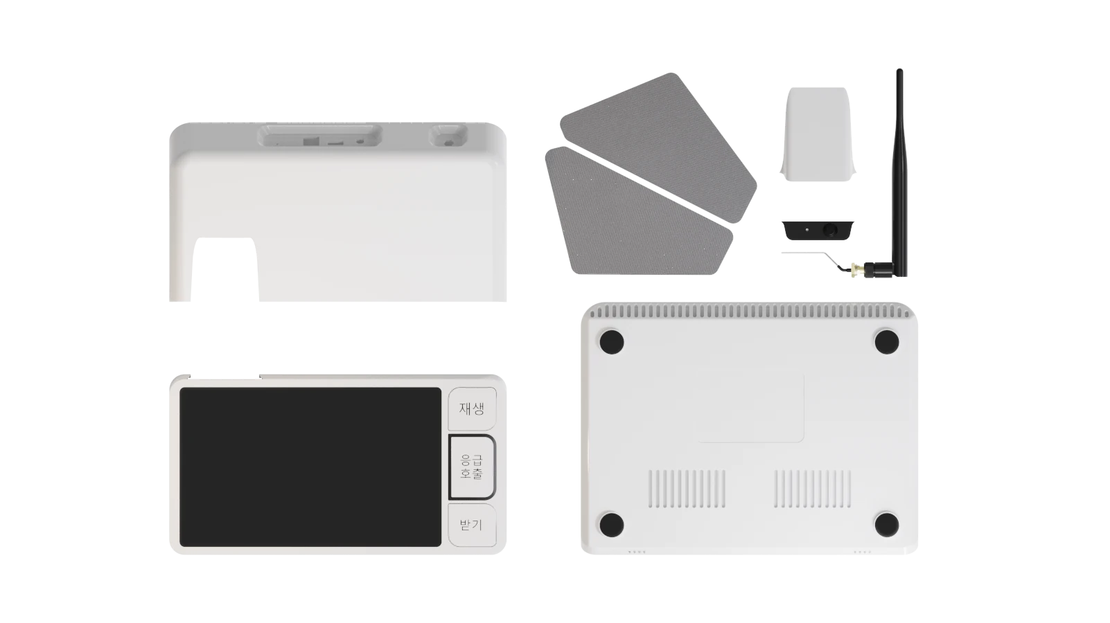 Flat-lay of the Kira hub's housing components on a transparent background: outer shell, front assembly with screen and buttons, speaker fabric panels, antenna and sensor module, and vented rear panel