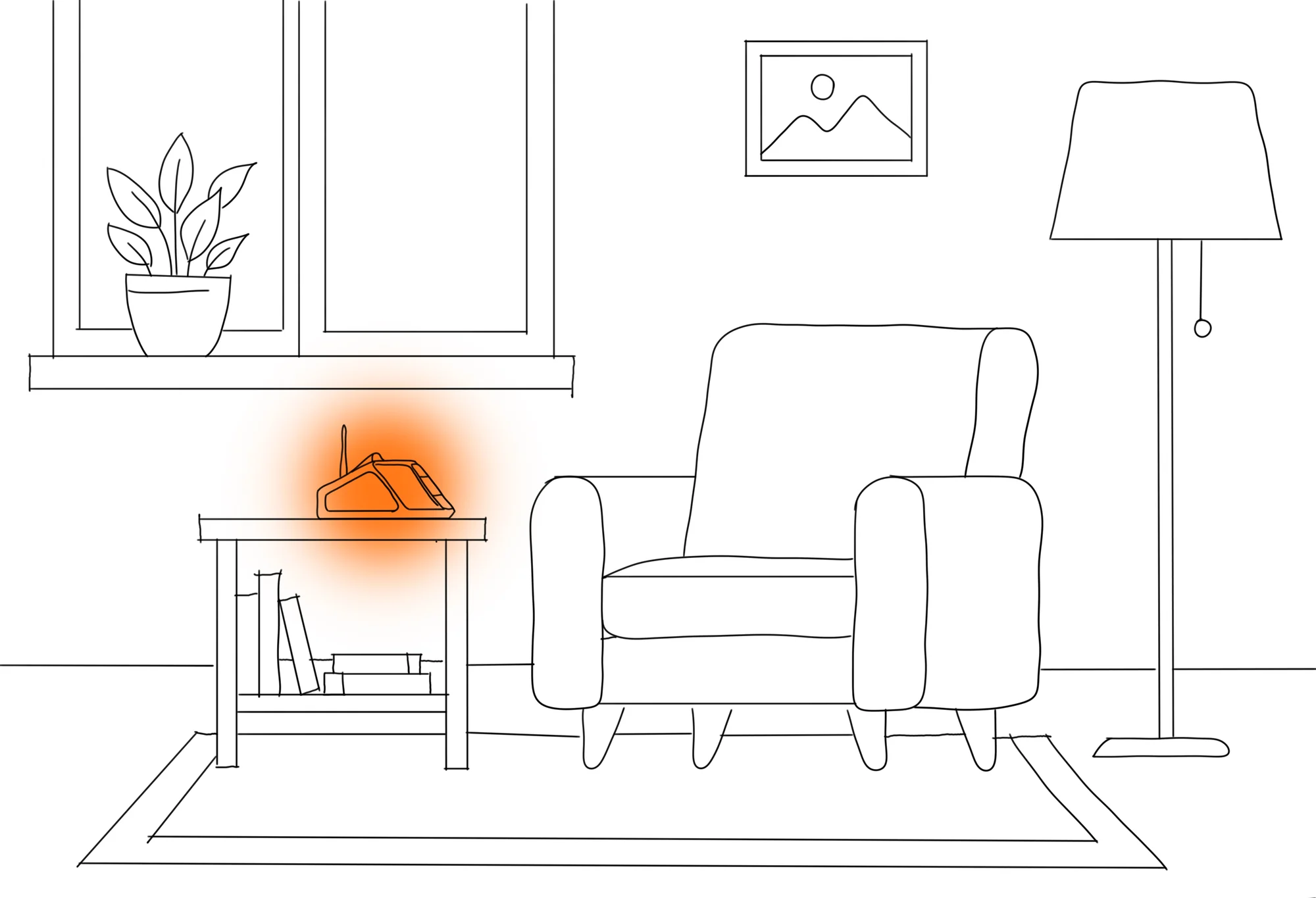 Line-art illustration of a living room, entirely monochrome except for the Kira hub glowing warm orange on the side table