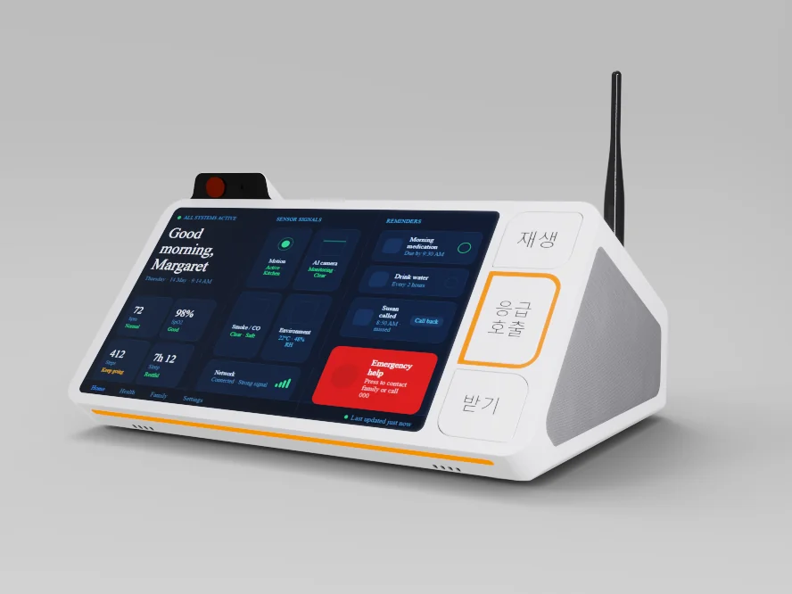 Clean three-quarter studio render of the Kira hub, screen showing the morning status dashboard