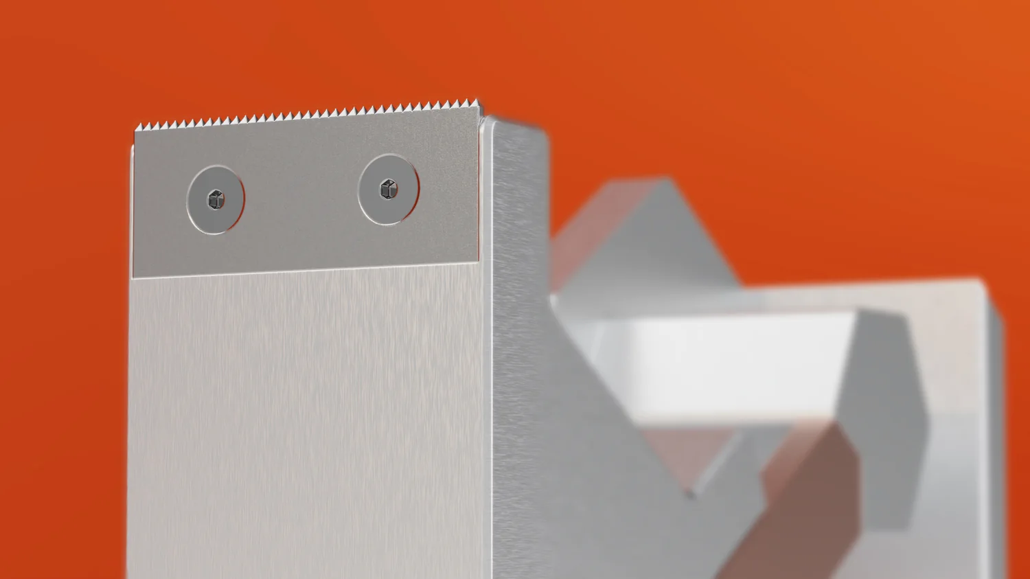 Macro render of Mono's serrated cutting blade on its plate, held to the milled front lip by two hex-drive screws.
