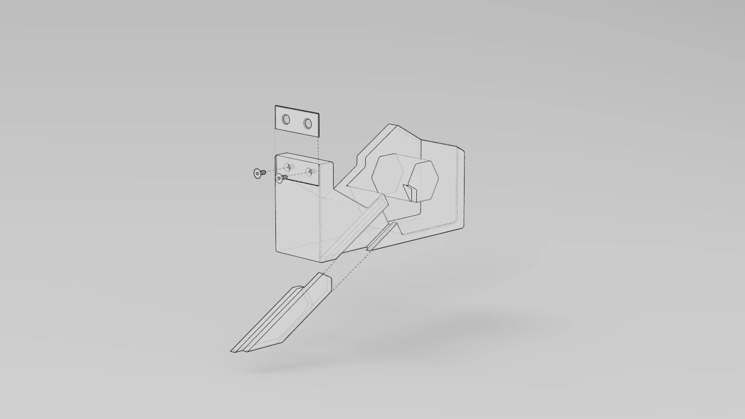 Exploded assembly line drawing of Mono: the blade plate and two screws lifted off the front lip, the tape core, and the accent arm pulled clear of the body below.