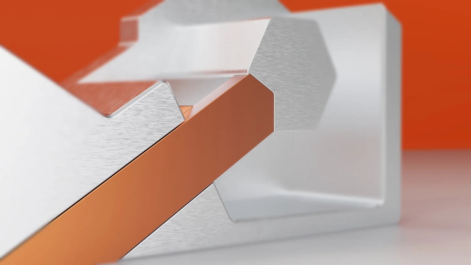 Macro render of Mono's anodised arm sliding out of the brushed aluminium body, past the hexagonal tape core, with the panel-line gap between the two finishes.