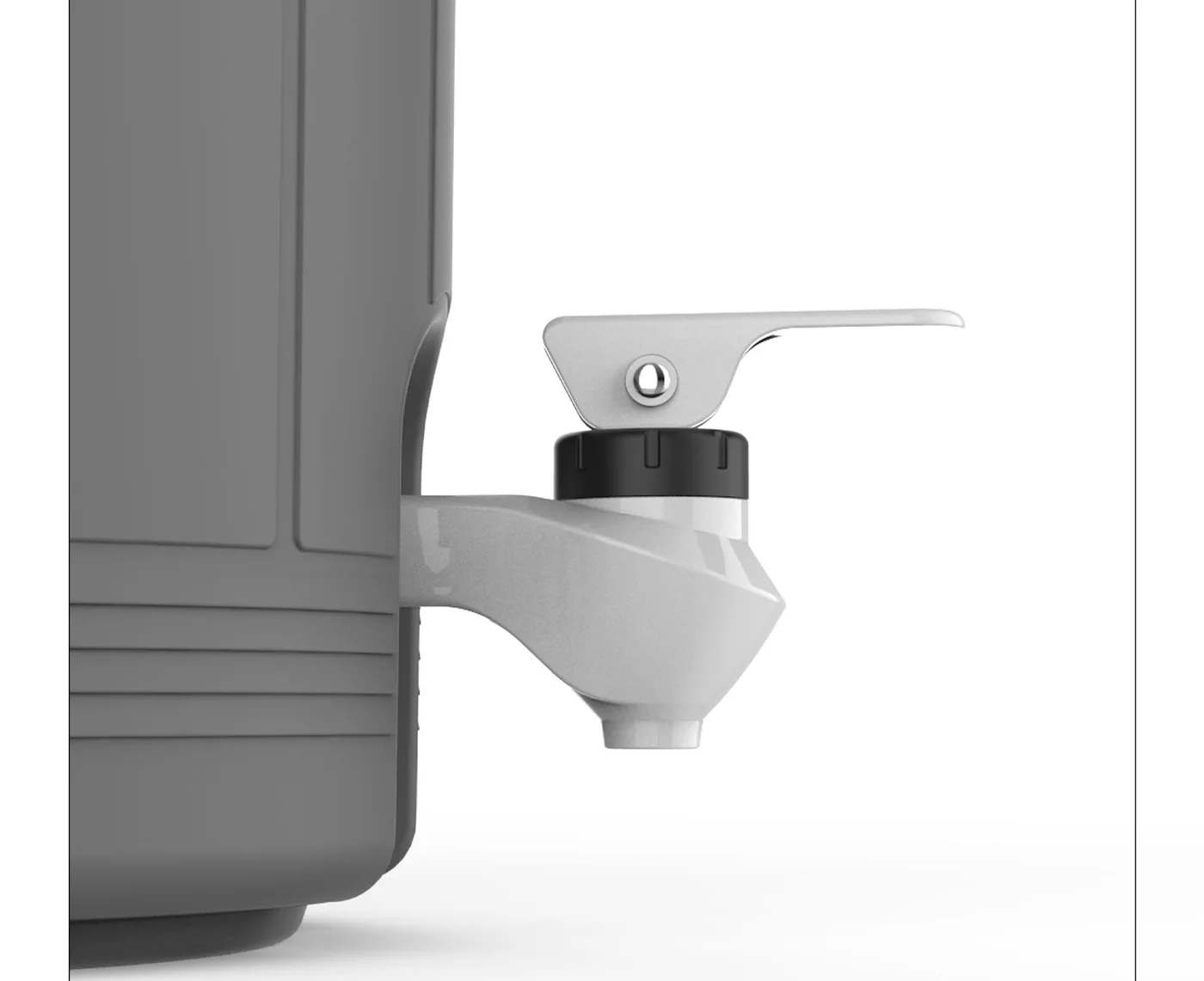 Close-up render of the finished Sweep tap on a grey water dispenser container, angled three-quarter view.