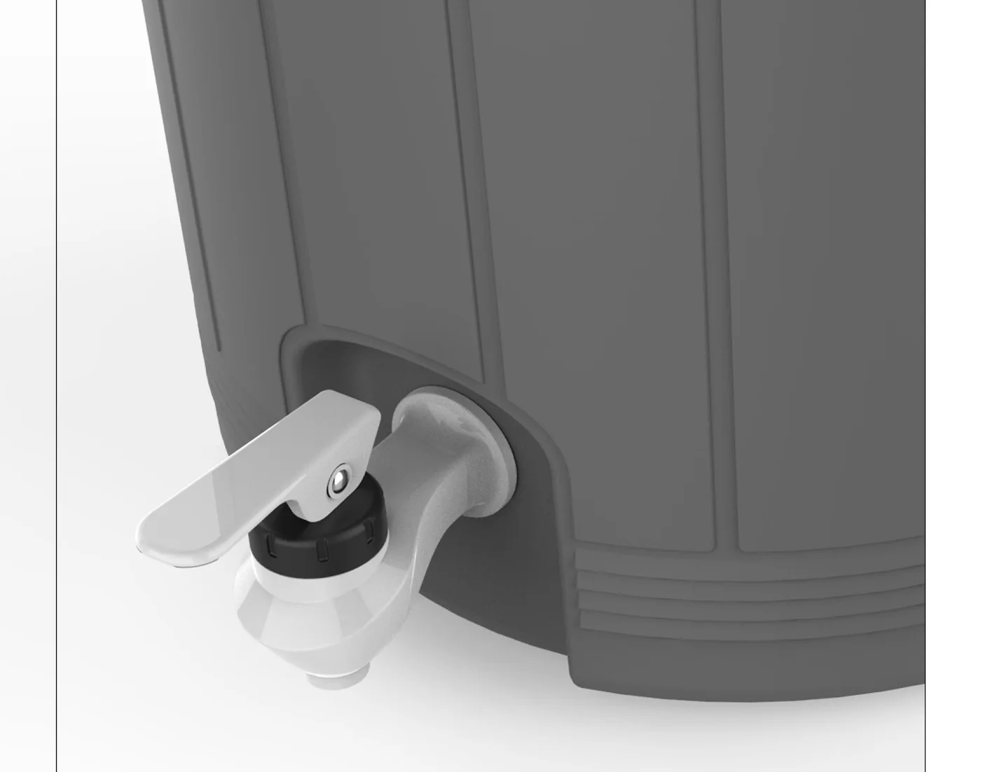Close-up render of the finished Sweep tap on a grey water dispenser container, straight-on view showing the lever, collar and spout.