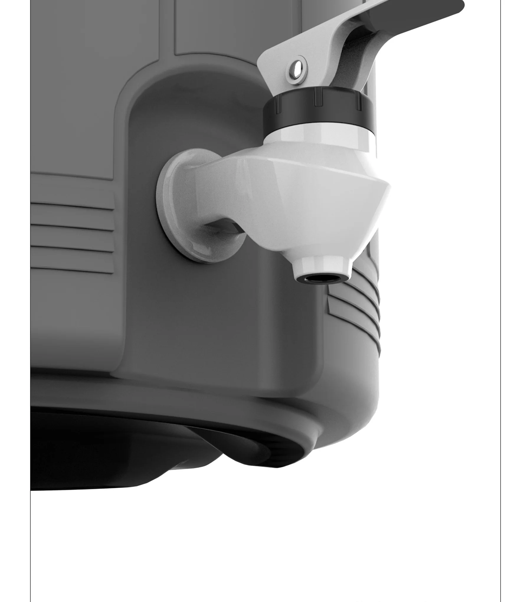 Close-up render of the Sweep tap mounted on a grey water dispenser container, a flat lever handle above a black ribbed locking collar and a smooth tapered spout.