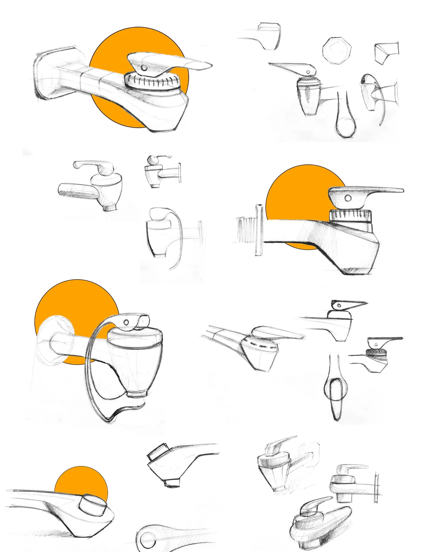 A page of pencil ideation sketches exploring different lever and valve-collar shapes for the Sweep water dispenser tap, roughly a dozen variations from chunky ribbed collars to slim looping levers.