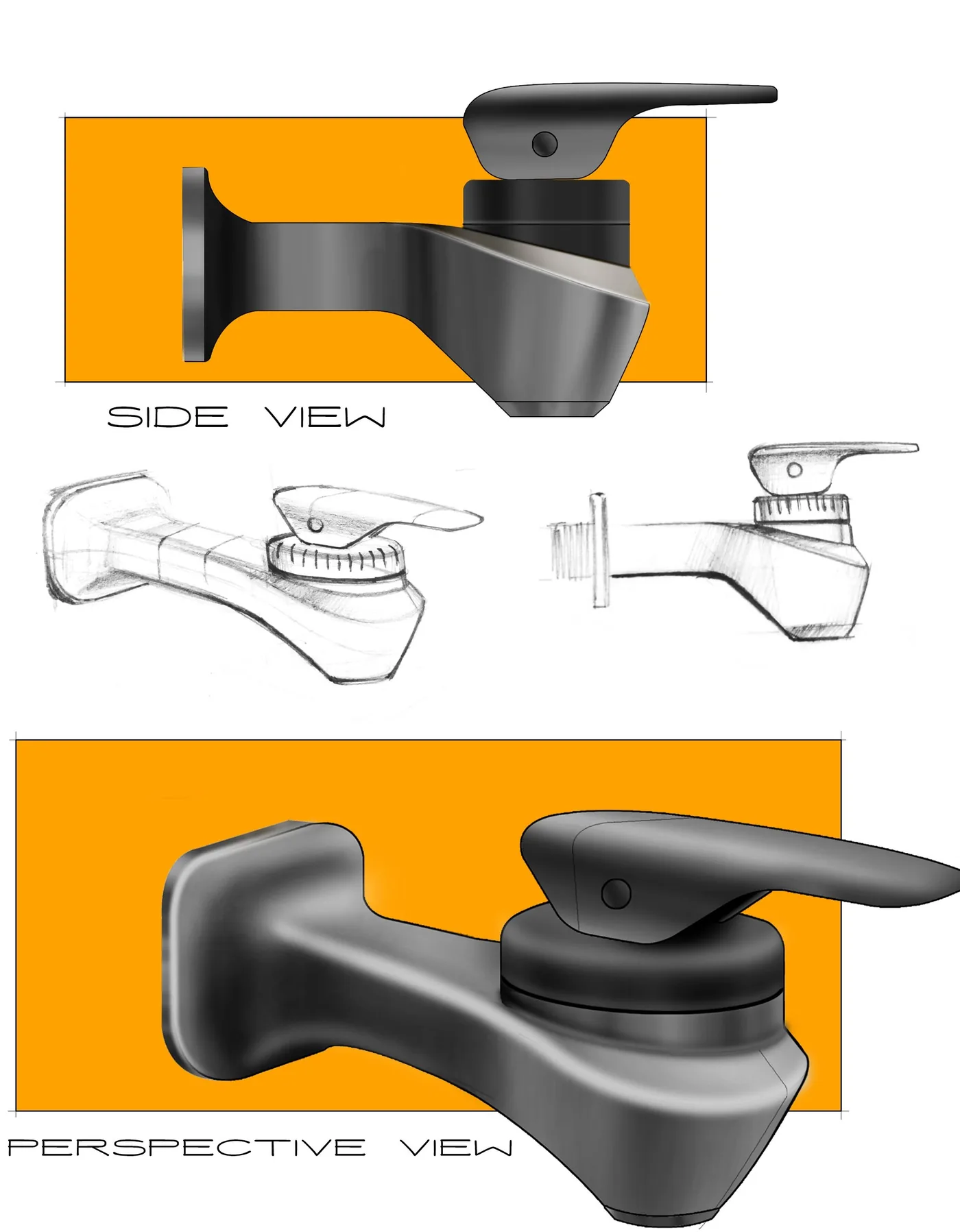 Option 1: a water dispenser tap concept with a ribbed locking collar under a flat lever handle, shown as side and perspective renders alongside pencil sketches.