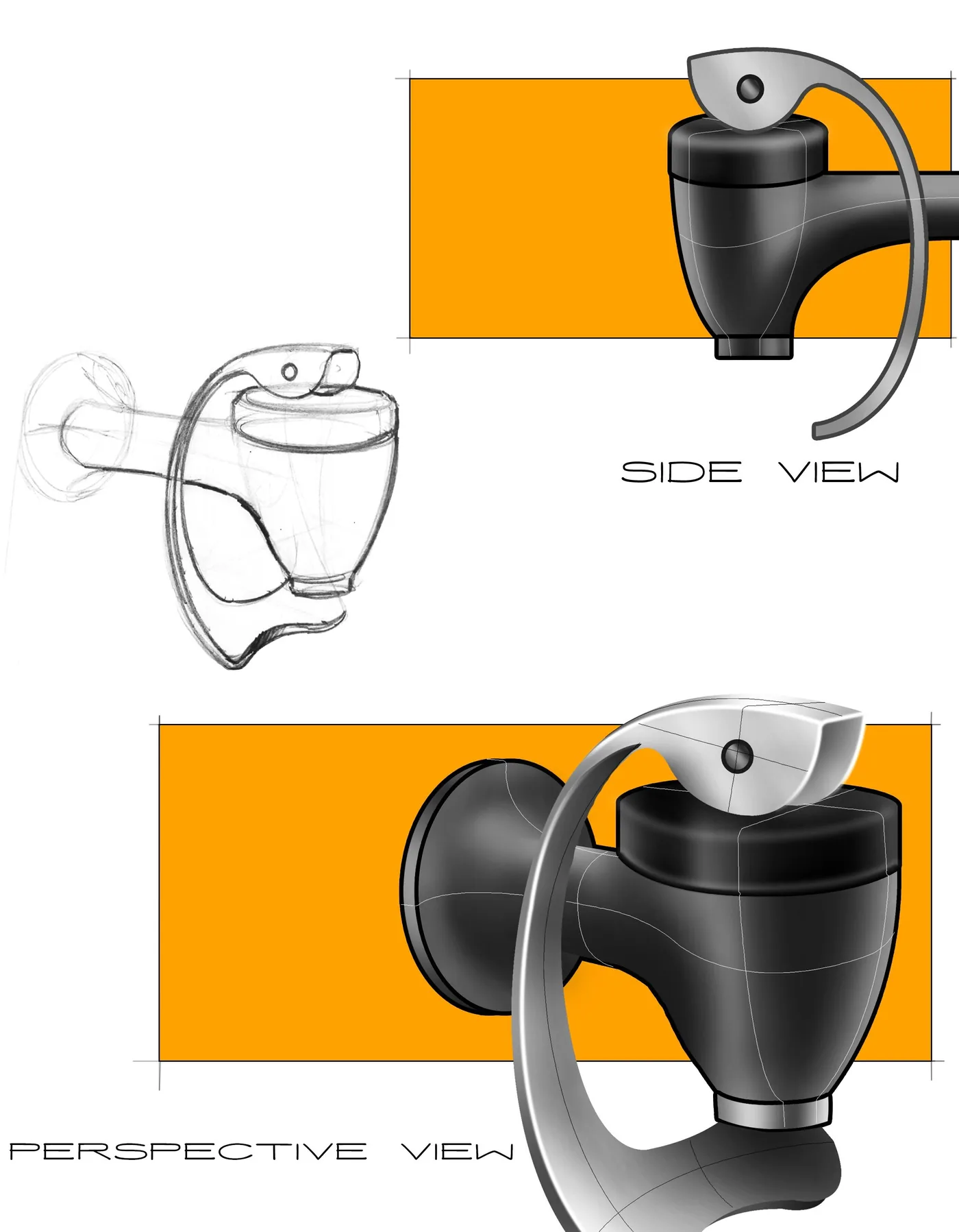 Option 2: a water dispenser tap concept with a lever that loops back around the spout in a curved handle, shown as side and perspective renders alongside pencil sketches.