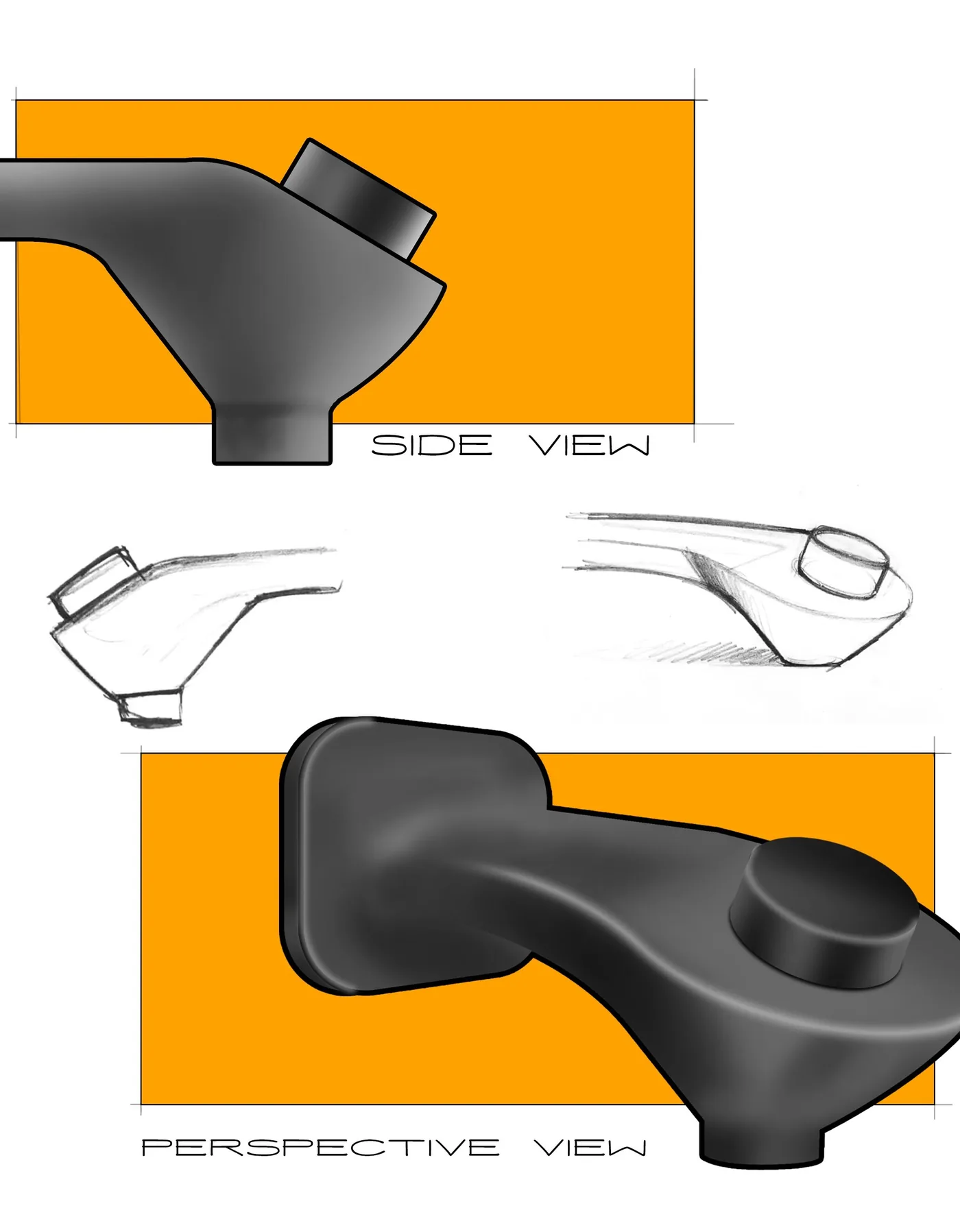 Option 3: a minimal water dispenser tap concept with a single smooth knob and almost no separate lever, shown as side and perspective renders alongside pencil sketches.