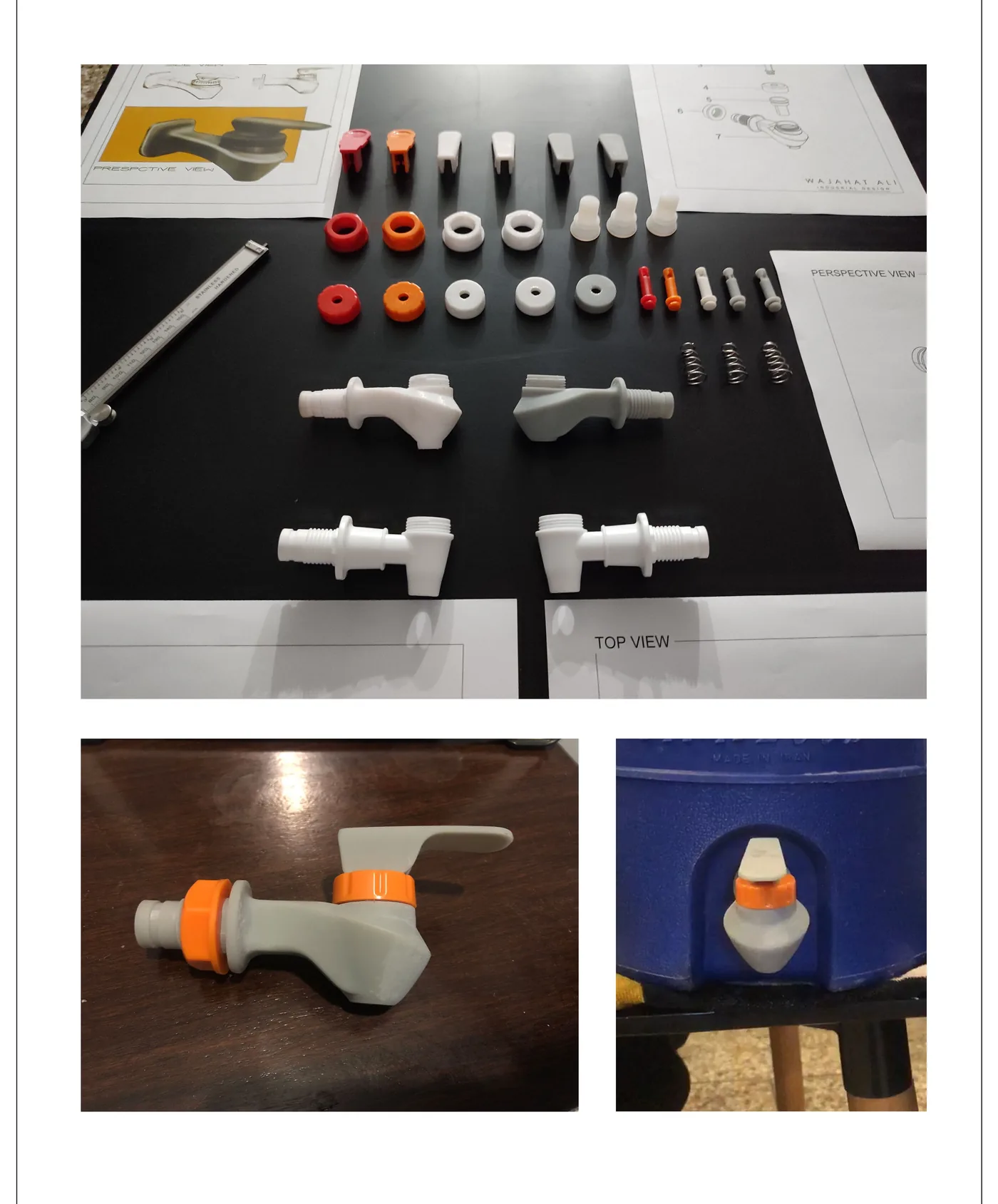 Full set of 3D-printed Sweep tap components in red, orange, white and grey, including springs and gaskets, next to the assembled prototype and a real fit-test on a blue water dispenser container.