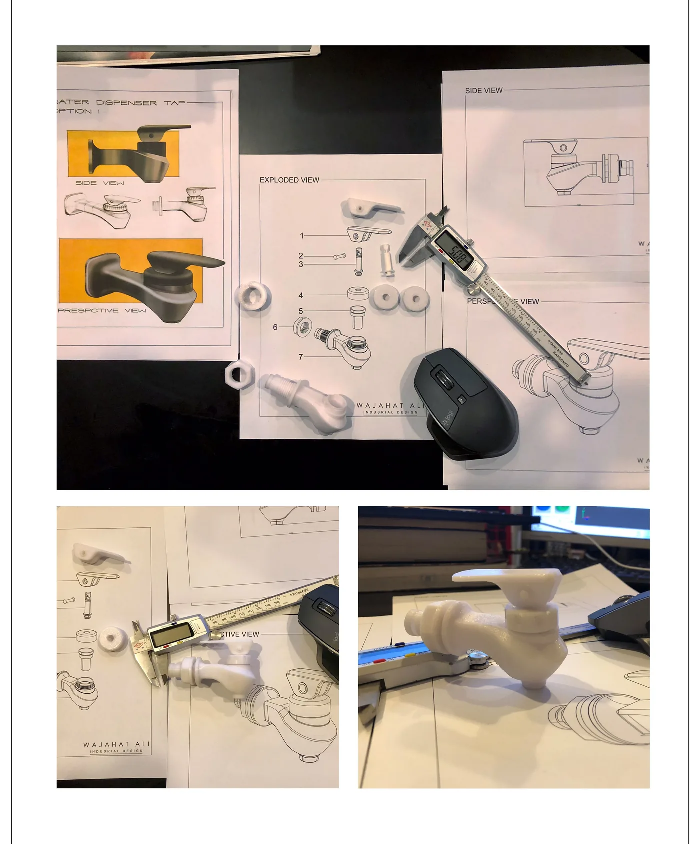 3D-printed prototype parts for the Sweep tap laid out next to an exploded-view spec drawing and digital calipers, checking dimensions against the design.