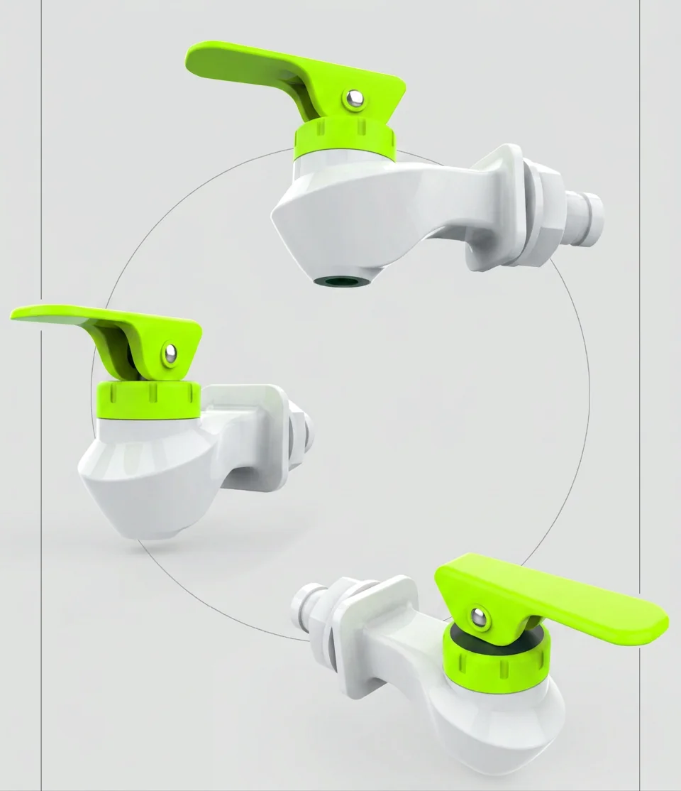 Multi-angle turntable render of the Sweep tap in white with a fluorescent green collar and lever, showing the flat lever, ribbed collar and spout from different sides.