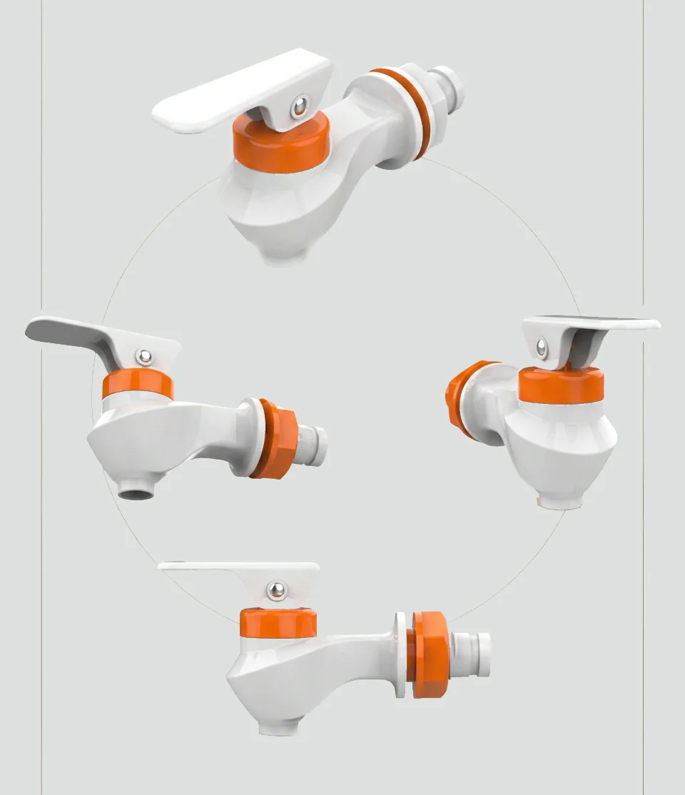 Multi-angle turntable render of the Sweep tap in white with an orange collar and lever, showing the flat lever, ribbed collar and spout from different sides.