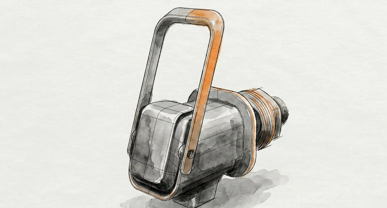 Watercolour and marker concept sketch of the Titan loop-handle tap, gunmetal body with an orange accent stripe down the handle.