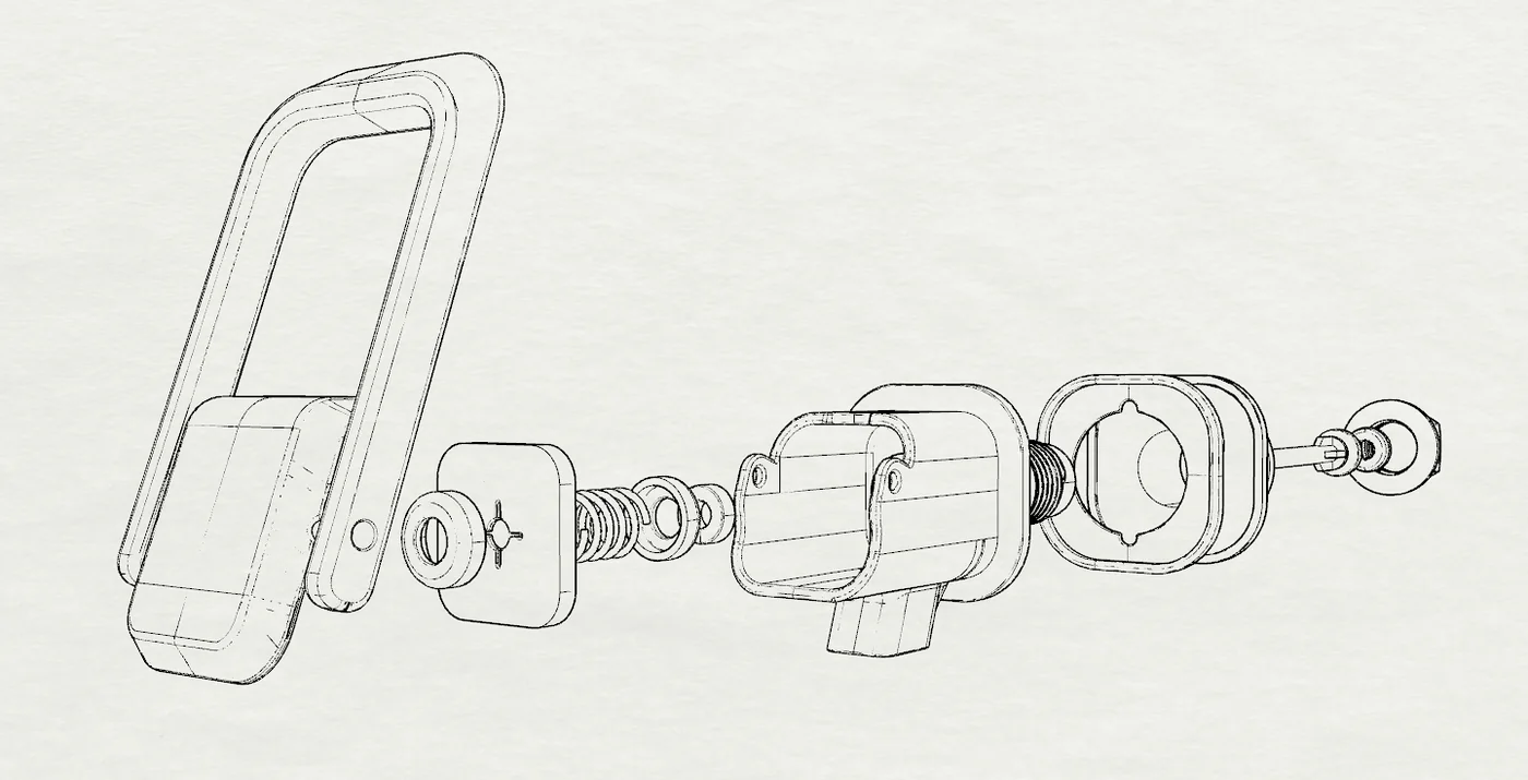 Line-drawing exploded view of the Titan tap's loop handle separating from the body, showing the internal valve cartridge, washer stack and mounting nut.