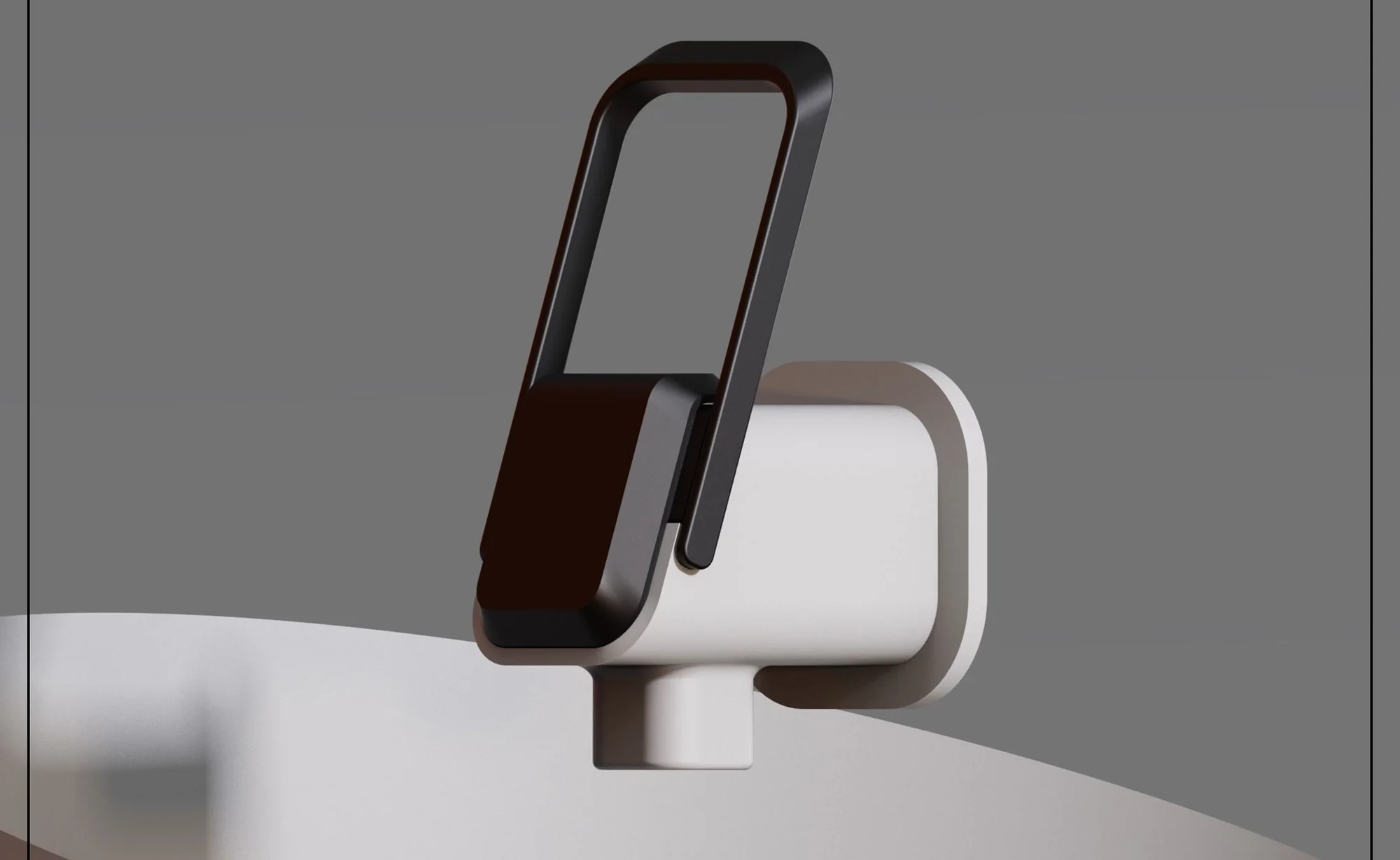 Three-quarter render of the Titan wall-mounted mixer tap, a bold rectangular loop handle rising from a compact body over a basin.