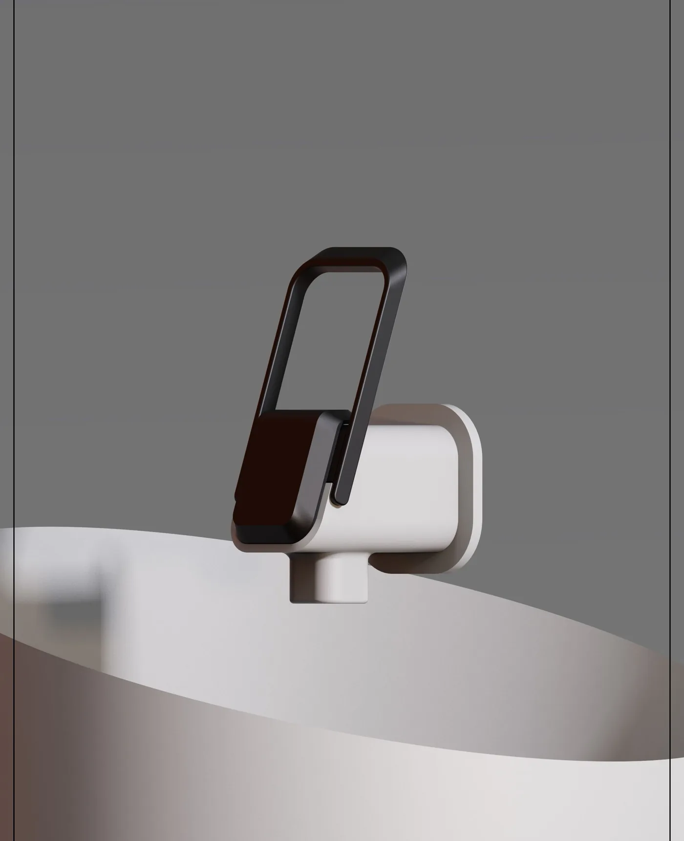 Option 1: Titan mixer tap concept with a rectangular loop-handle lever, three-quarter render on a basin.