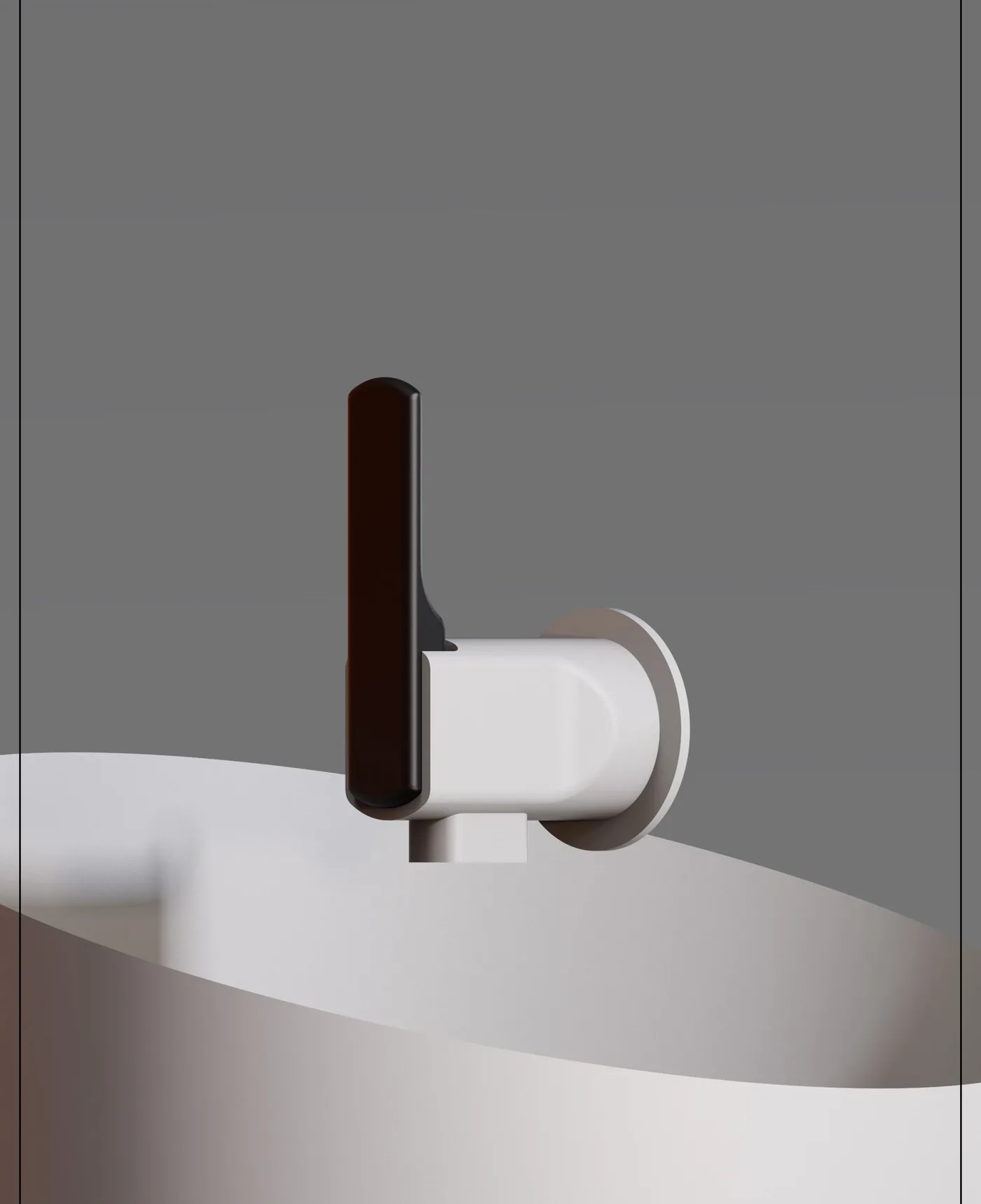 Option 2: Titan mixer tap concept with a flat vertical bar lever on a round wall plate, three-quarter render on a basin.