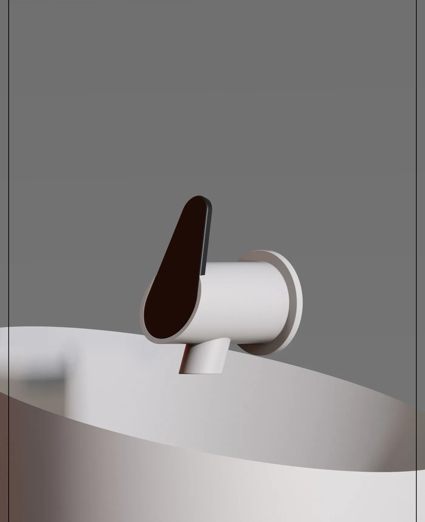 Option 3: Titan mixer tap concept with a sculptural teardrop-shaped paddle lever, three-quarter render on a basin.