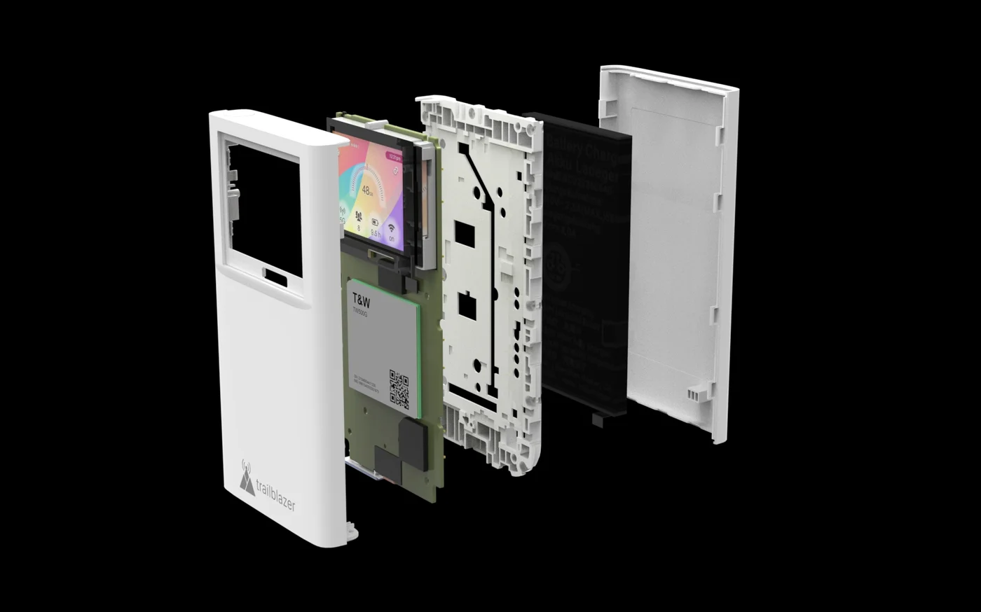Trailblazer portable form factor, tall vertical body, shown as a full exploded stack from front housing to back cover.