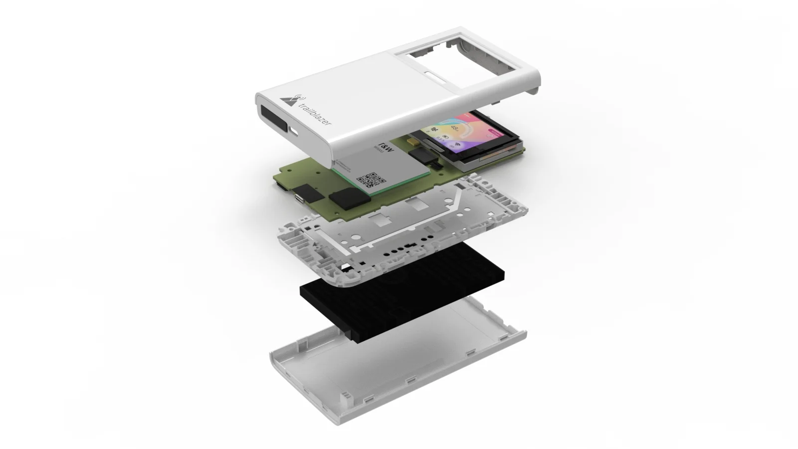 Trailblazer wallet form factor, slim wide body, shown as a full exploded stack from front housing to back cover.