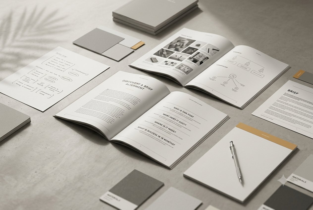 Coffer Studios discovery phase: brief alignment brochure, research diagrams and material swatches