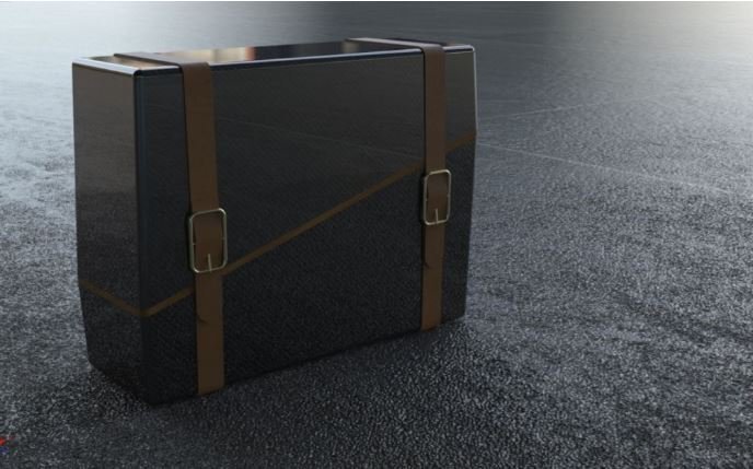 Coffer Studios product render, a leather-strapped travel case