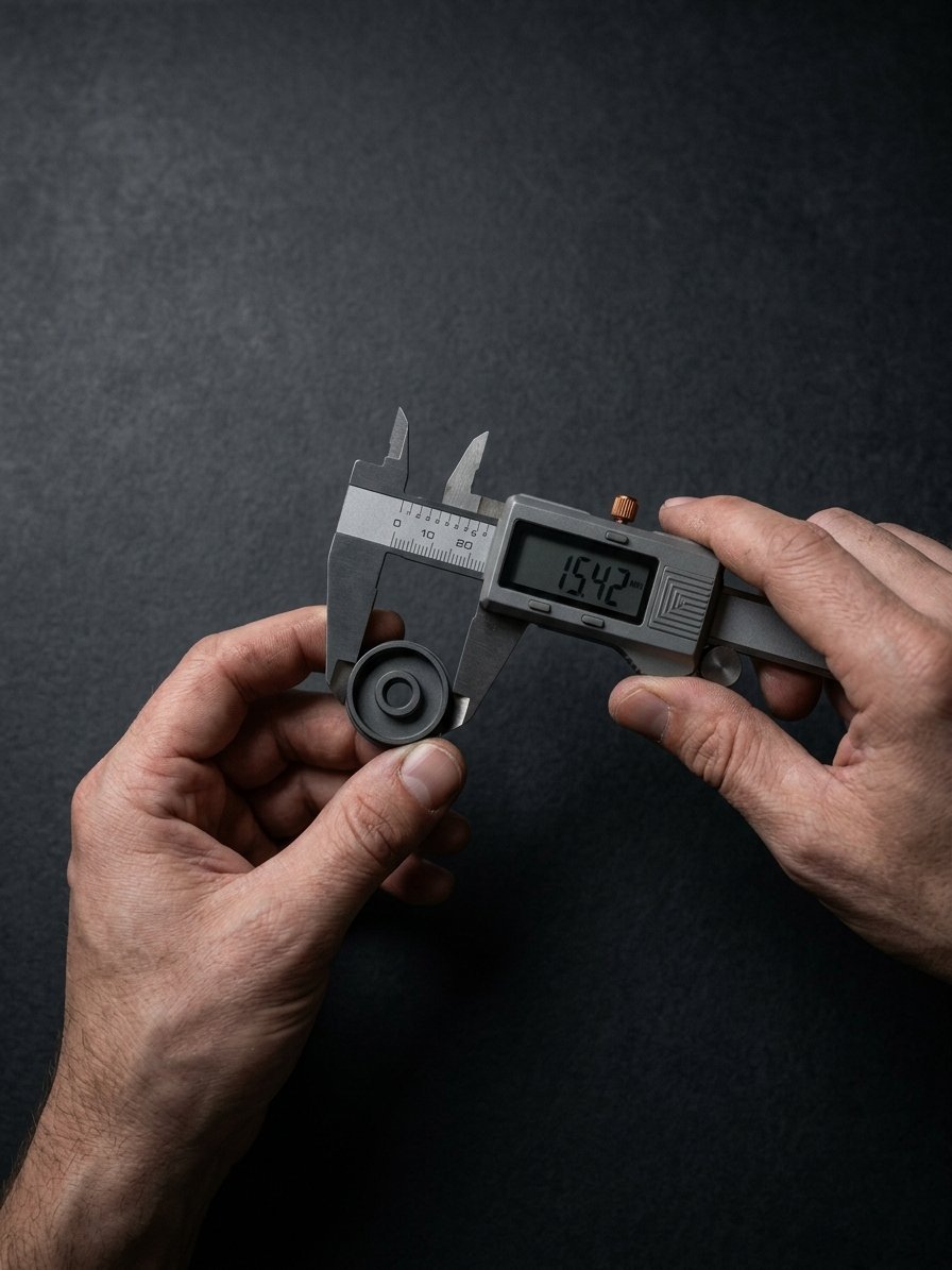 Hands using precision calipers to measure a small manufactured component